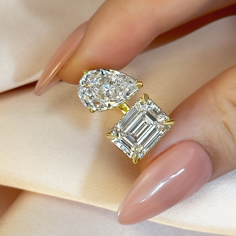Maxine Unique Toi et Moi Design Emerald Cut & Pear Cut Engagement Ring