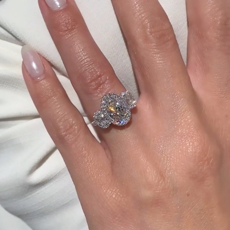 2.5Ct Halo Oval Cut Three Stone Engagement Ring Travel Ring In Sterling Silver