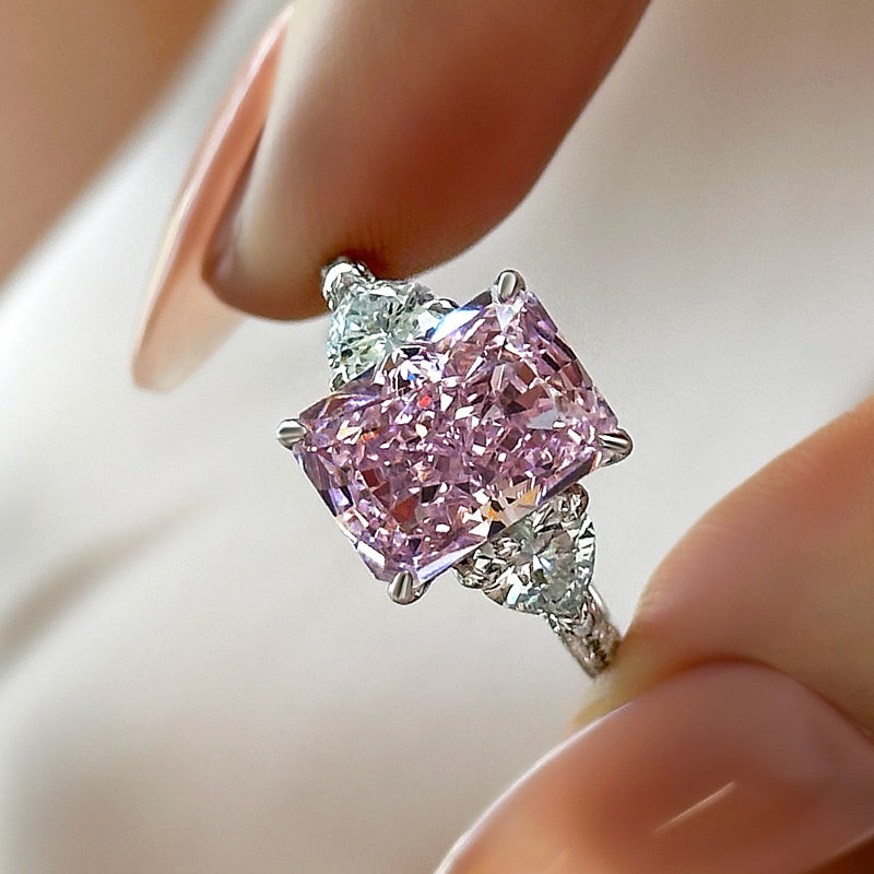 Maxine Pink Stone Radiant Cut Three Stone Engagement Ring