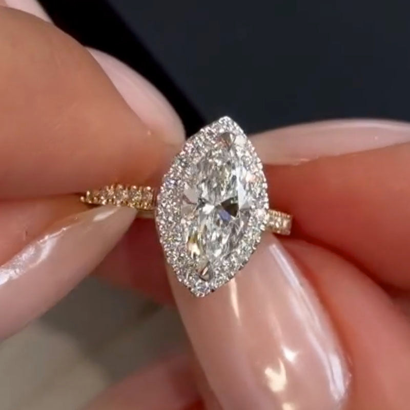 Unique 3.0Ct Halo Marquise Cut Engagement Ring In Sterling Silver