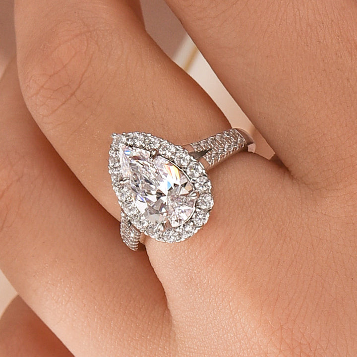 2.5Ct Halo Pear Cut Split Shank Engagement Ring In Sterling Silver