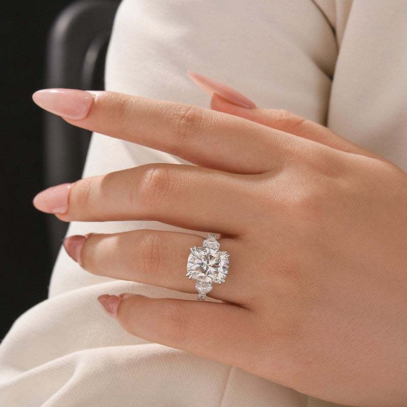 Moissanite 6.0Ct Cushion Cut Three Stone Engagement Ring In Sterling Silver