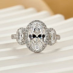 2.5Ct Halo Oval Cut Three Stone Engagement Ring Travel Ring In Sterling Silver