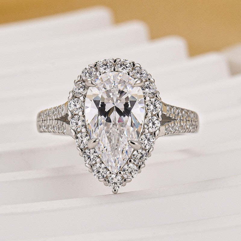 2.5Ct Halo Pear Cut Split Shank Engagement Ring In Sterling Silver