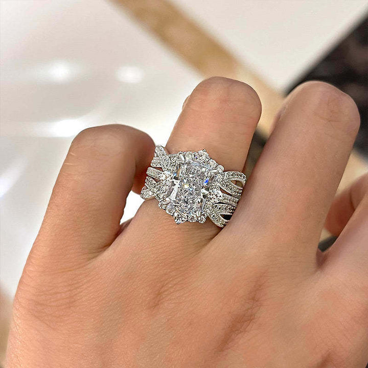 Vintage 3.5 Carat Halo Radiant Cut Insert Wedding Ring Set Travel Ring For Women In Sterling Silver