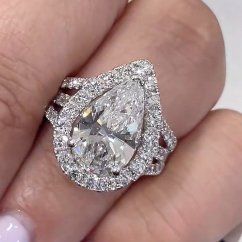 Maxine Vintage Split Shank Halo 4.5Ct Pear Cut Engagement Ring In Sterling Silver