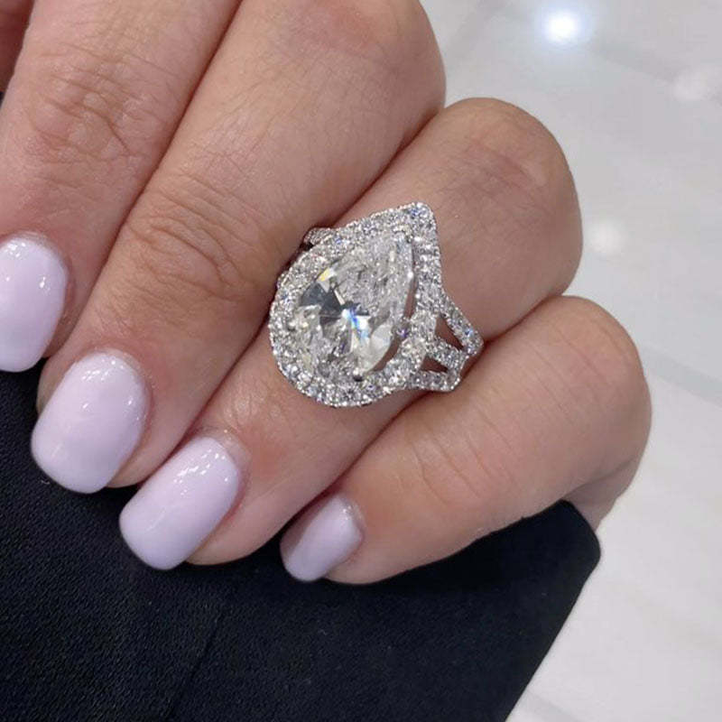 Maxine Vintage Split Shank Halo 4.5Ct Pear Cut Engagement Ring In Sterling Silver