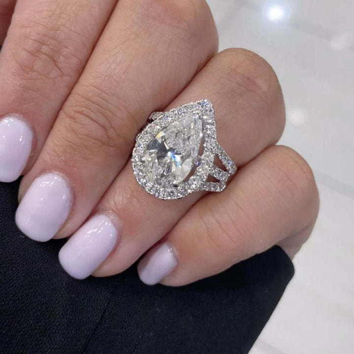 Maxine Vintage Split Shank Halo 4.5Ct Pear Cut Engagement Ring In Sterling Silver