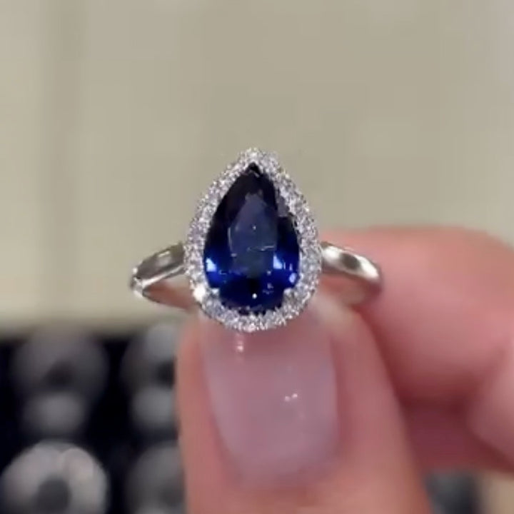 2.2Ct Halo Pear Cut Blue Stone Engagement Ring In Sterling Silver