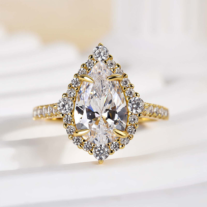 Stunning Yellow Gold Halo Pear Cut Elegant Engagement Ring In Sterling Silver