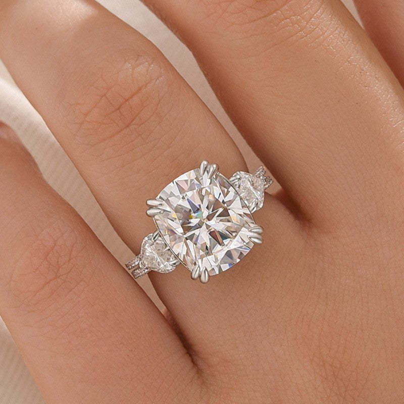 Moissanite 6.0Ct Cushion Cut Three Stone Engagement Ring In Sterling Silver