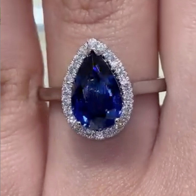 2.2Ct Halo Pear Cut Blue Stone Engagement Ring In Sterling Silver