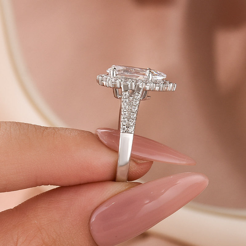 2.5Ct Halo Pear Cut Split Shank Engagement Ring In Sterling Silver