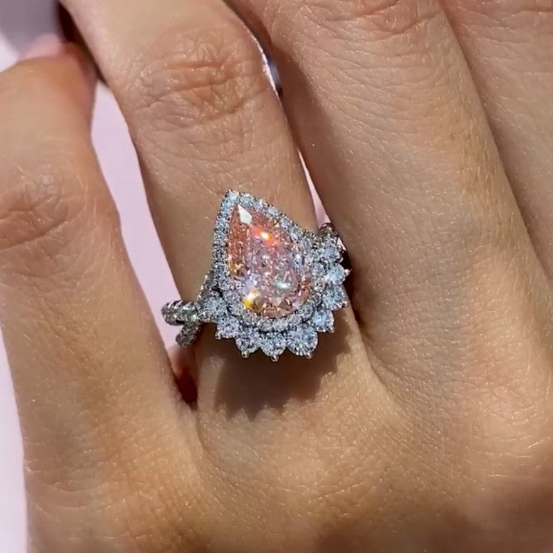 Vintage 4.0Ct Pink Stone Halo Pear Cut Twist Engagement Ring In Sterling Silver