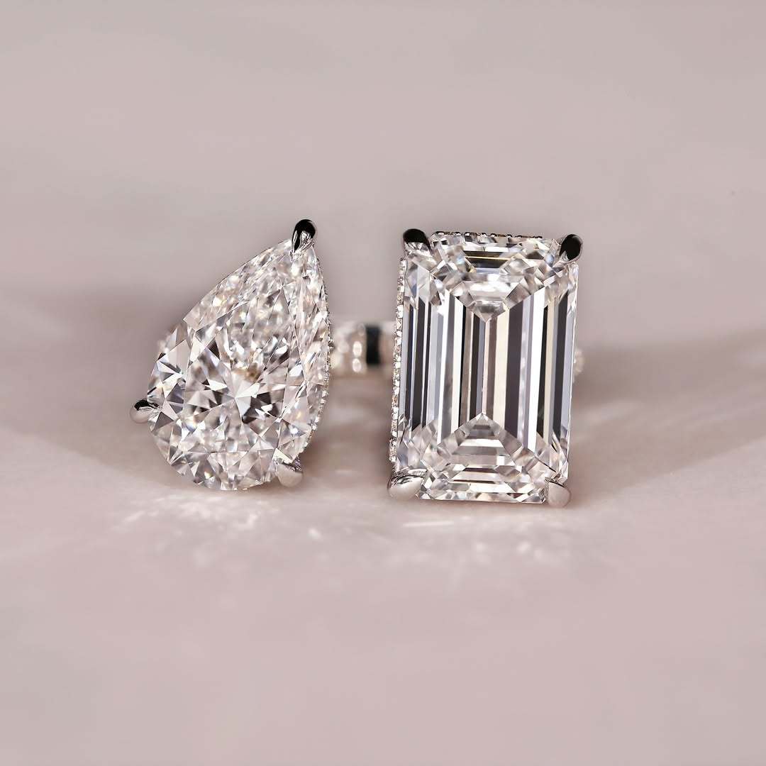 Maxine Unique Toi et Moi Design Emerald Cut & Pear Cut Engagement Ring