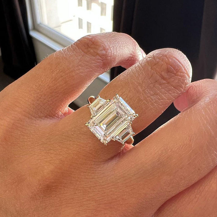 Luxury 4.5 CT Three Stone Emerald Cut Engagement Ring