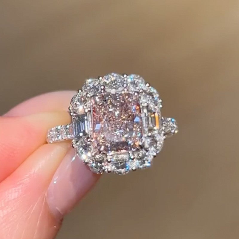 Vintage 4.0Ct Halo Pink Cushion Cut Engagement Ring In Sterling Silver For Women