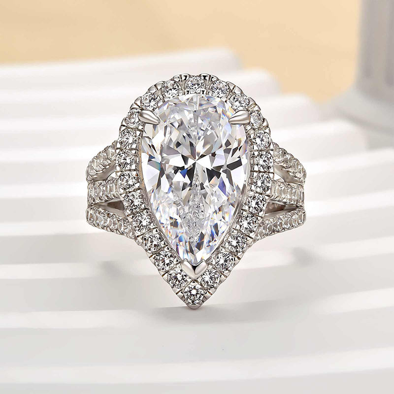 Maxine Vintage Split Shank Halo 4.5Ct Pear Cut Engagement Ring In Sterling Silver