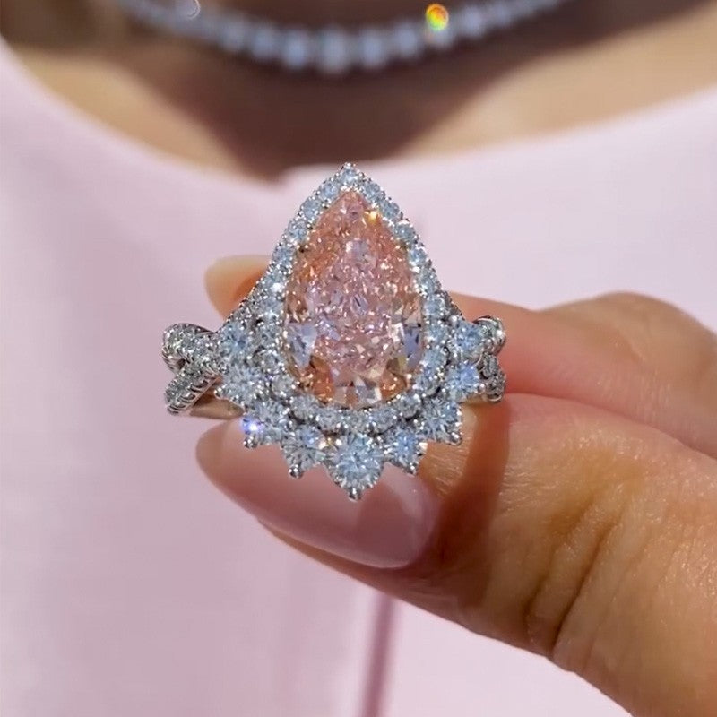 Vintage 4.0Ct Pink Stone Halo Pear Cut Twist Engagement Ring In Sterling Silver