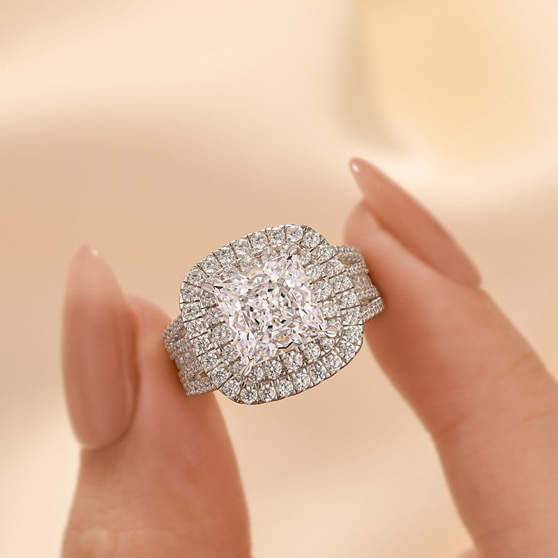 2.0Ct Princess Cut Double Halo Split Shank Engagement Ring In Sterling Silver