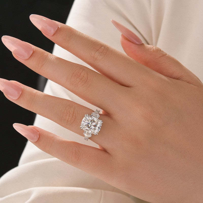 Moissanite 6.0Ct Cushion Cut Three Stone Engagement Ring In Sterling Silver