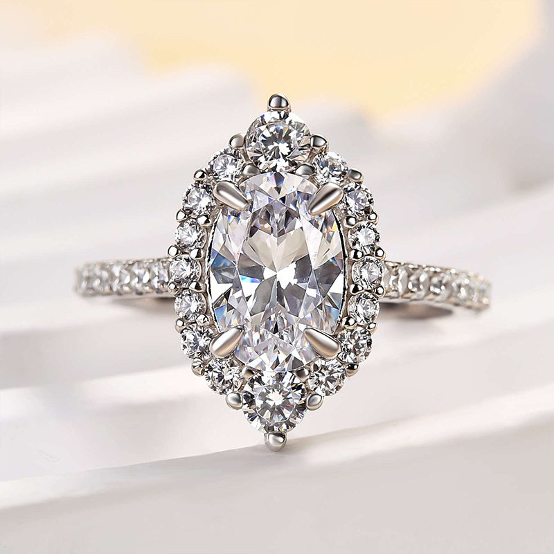 Unique Design Halo Oval Cut Sona Simulated Diamond Engagement Ring In Sterling Silver