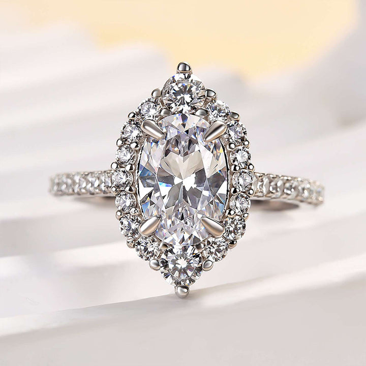 Unique Design Halo Oval Cut Sona Simulated Diamond Engagement Ring In Sterling Silver