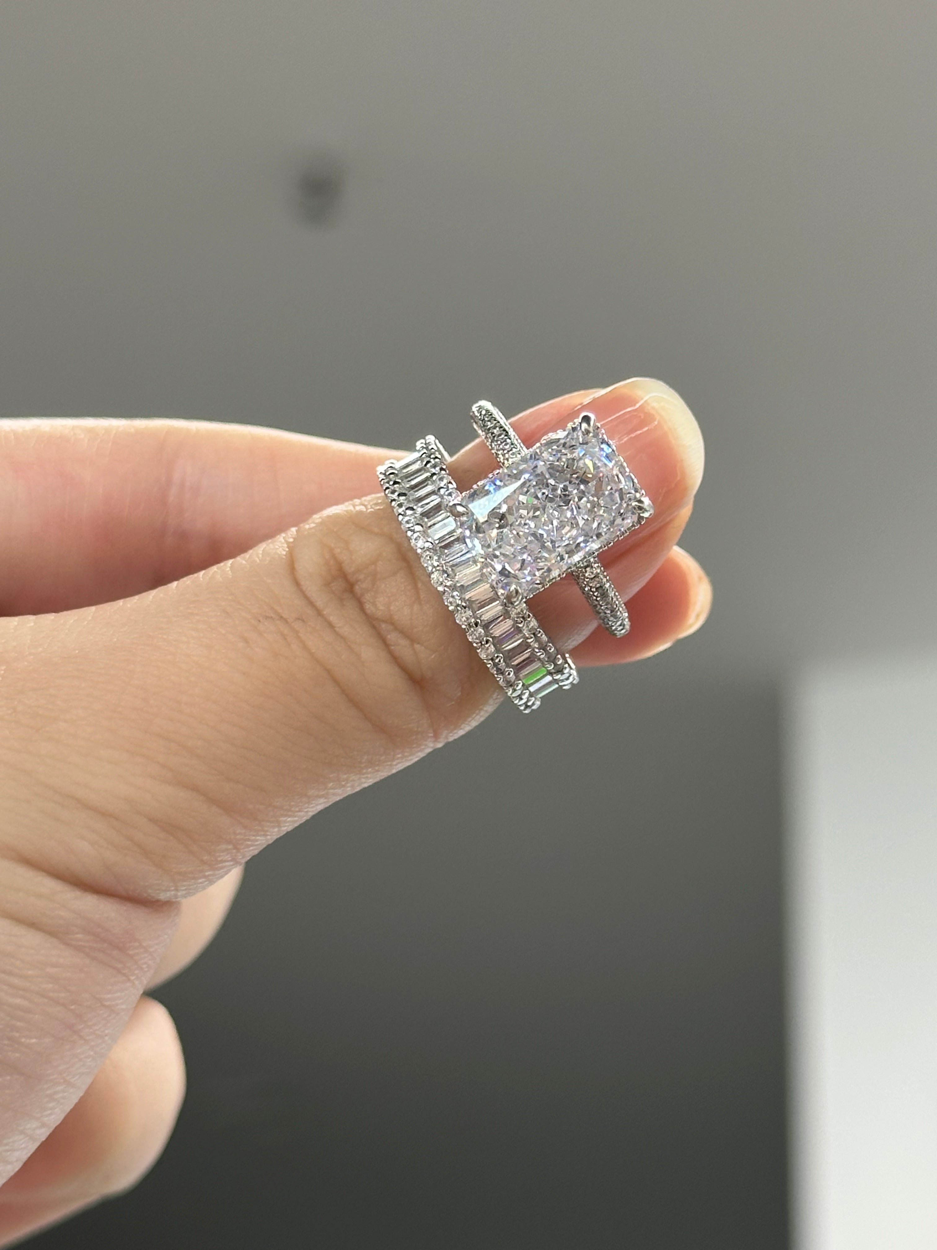 Maxine Elongated 5.0Ct Radiant Cut Wedding Ring With Emerald Cut Wedding Band